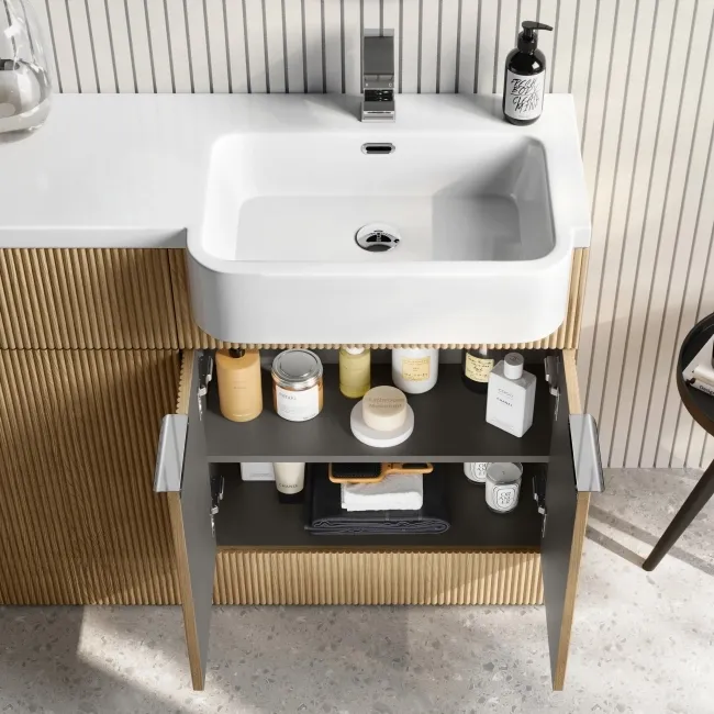Sicily Fluted Country Oak Combination Vanity Basin and Houston Toilet 1200mm - Chrome Handles - Right Handed