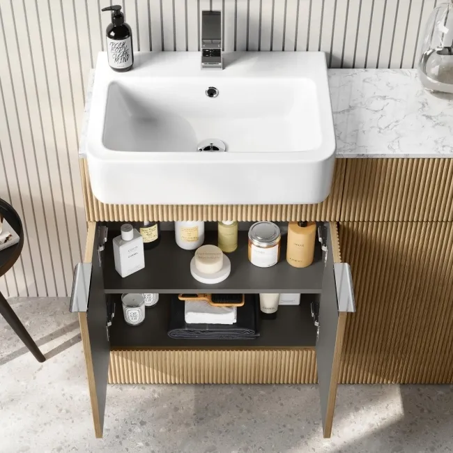 Sicily Fluted Country Oak Basin Vanity with Marble Top & Back To Wall Unit 1200mm (Excludes Toilet) - Chrome Handles