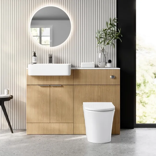 Sicily Fluted Country Oak Combination Vanity Basin with Marble Top & Tucson Toilet 1200mm - Chrome Handles
