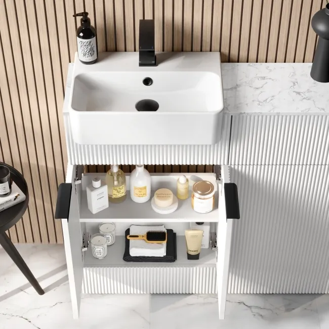 Sicily Fluted Coastal White Basin Vanity with Marble Top & Back To Wall Unit 1000mm (Excludes Toilet) - Black Accents