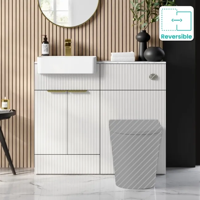 Sicily Fluted Coastal White Basin Vanity with Marble Top & Back To Wall Unit 1000mm (Excludes Toilet) - Brushed Brass Accents