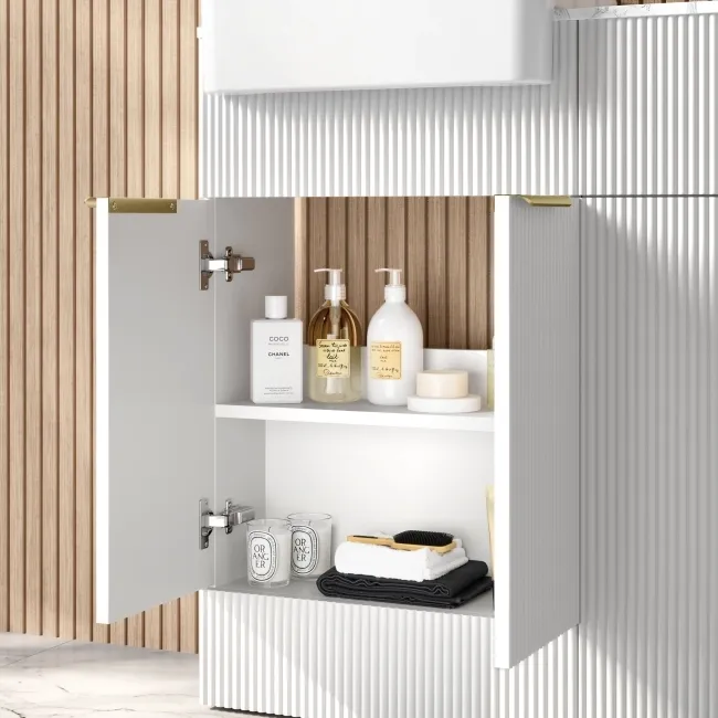 Sicily Fluted Coastal White Basin Vanity with Marble Top & Back To Wall Unit 1000mm (Excludes Toilet) - Brushed Brass Accents