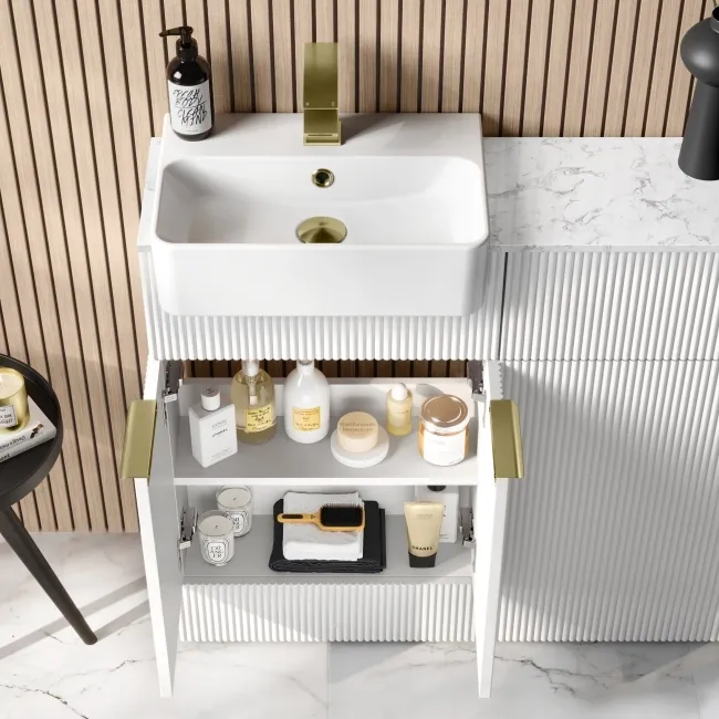 Sicily Fluted Coastal White Basin Vanity with Marble Top & Back To Wall Unit 1000mm (Excludes Toilet) - Brushed Brass Accents
