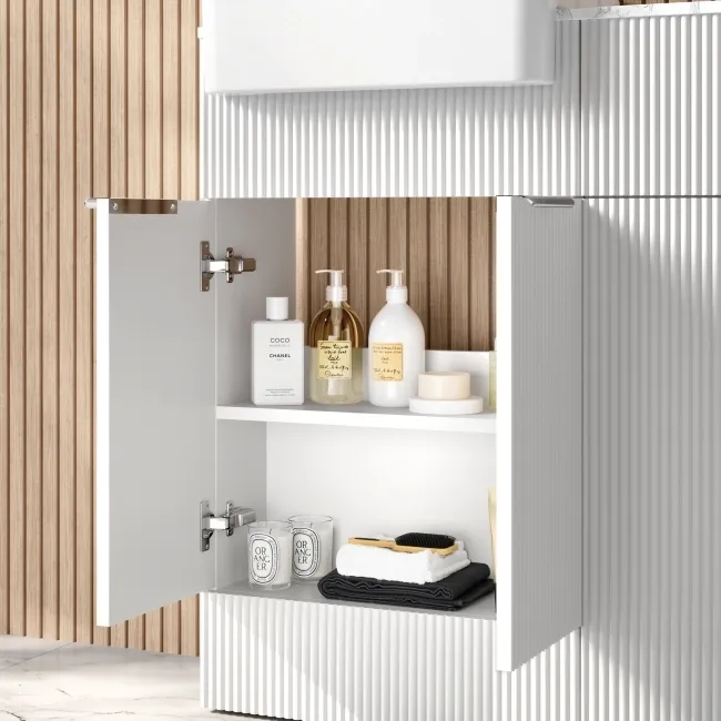 Sicily Fluted Coastal White Basin Vanity with Marble Top & Back To Wall Unit 1000mm (Excludes Toilet) - Chrome Handles