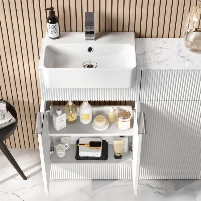 Sicily Fluted Coastal White Basin Vanity with Marble Top & Back To Wall Unit 1000mm (Excludes Toilet) - Chrome Handles