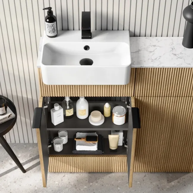 Sicily Fluted Country Oak Basin Vanity with Marble Top & Back To Wall Unit 1000mm (Excludes Toilet) - Black Accents