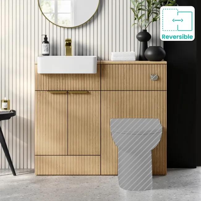 Sicily Fluted Country Oak Vanity and Back To Wall Toilet Unit 1000mm (Excludes Toilet) - Brushed Brass Accents