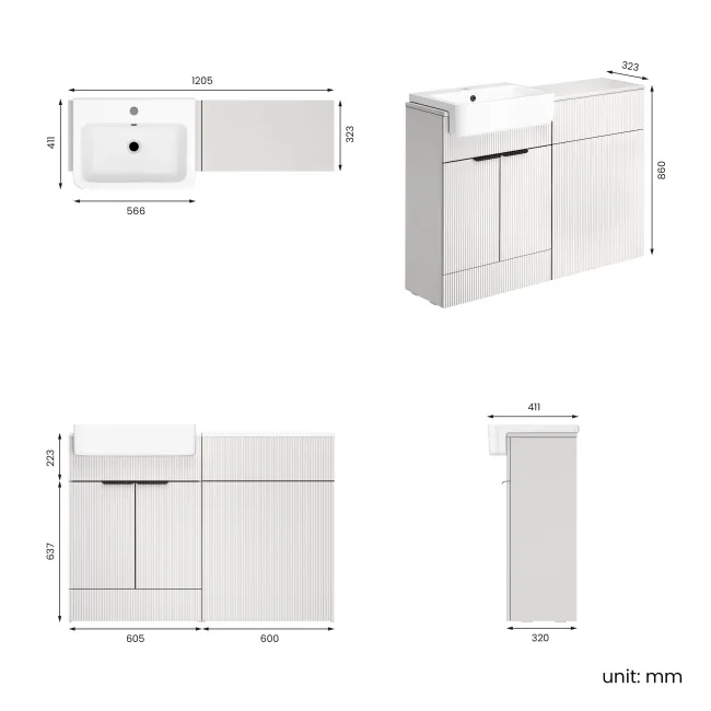 Sicily Fluted?Coastal White Basin Vanity and Toilet Unit 1200mm (No Toilet) - Black Accents