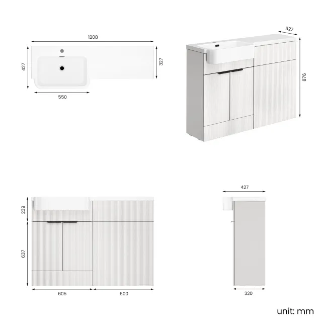 Sicily Fluted?Coastal White Basin Vanity and Toilet Unit 1200mm (No Toilet) - Black Accents - Left