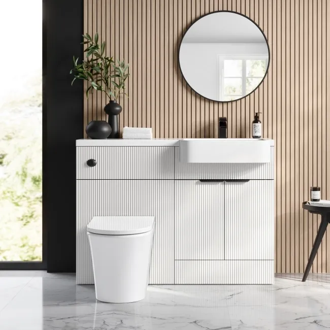 Sicily Fluted?Coastal White Vanity Basin and Tucson Toilet 1200mm - Black Accents - Right Handed