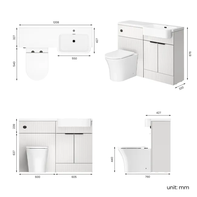 Sicily Fluted?Coastal White Vanity Basin and Tucson Toilet 1200mm - Black Accents - Right Handed