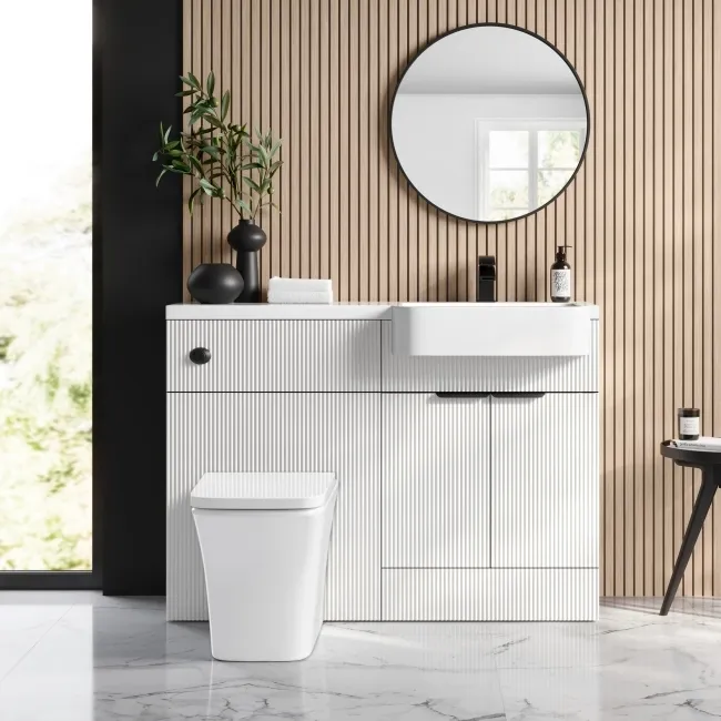 Sicily Fluted?Coastal White Vanity Basin and Houston Toilet 1200mm - Black Accents - Right Handed