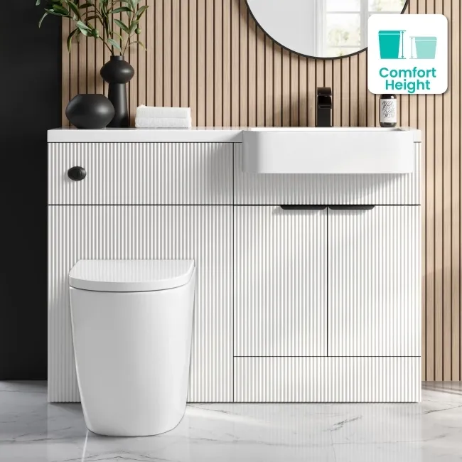 Sicily Fluted?Coastal White Vanity Basin and Utah Comfort Toilet 1200mm - Black Accents - Right