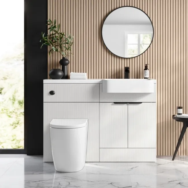 Sicily Fluted?Coastal White Vanity Basin and Utah Comfort Toilet 1200mm - Black Accents - Right