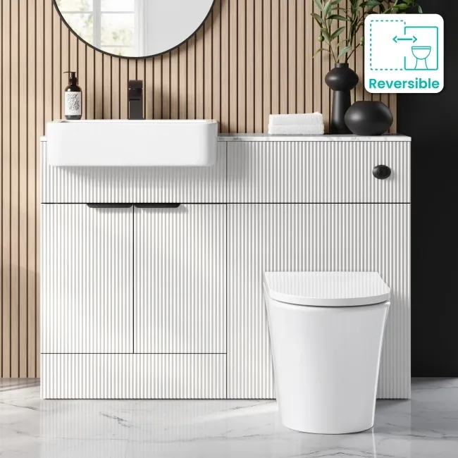 Sicily Fluted?Coastal White Vanity Basin with Marble Top & Tucson Toilet 1200mm - Black Accents