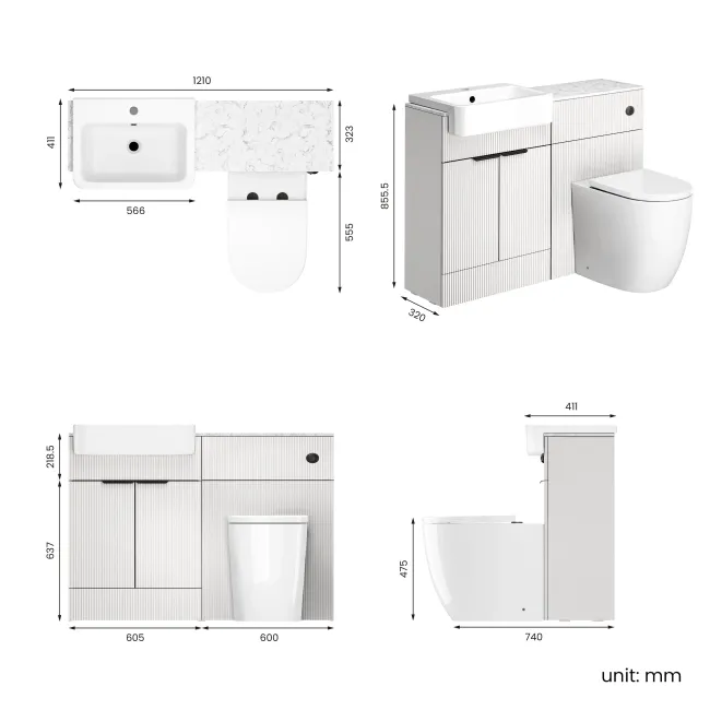 Sicily Fluted?Coastal White Vanity Basin Marble Top & Utah Comfort Toilet 1200mm - Black Accents