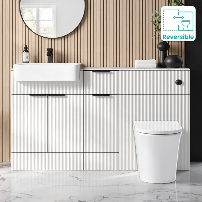 Sicily Fluted?Coastal White Vanity Basin with Marble Top & Tucson Toilet 1500mm - Black Accents