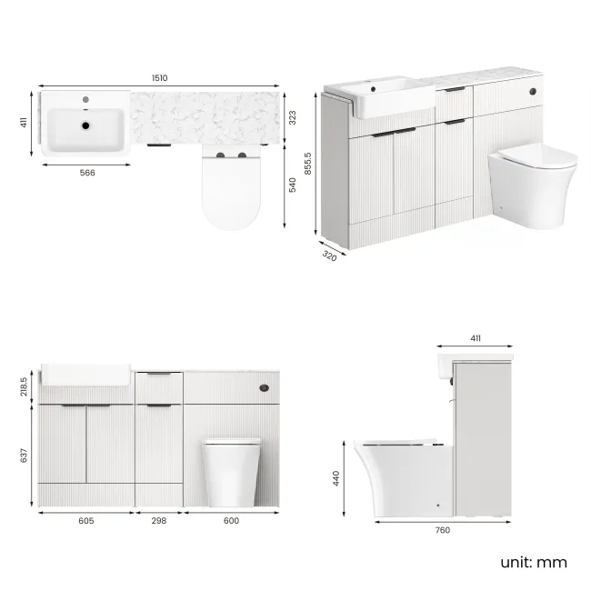 Sicily Fluted?Coastal White Vanity Basin with Marble Top & Tucson Toilet 1500mm - Black Accents