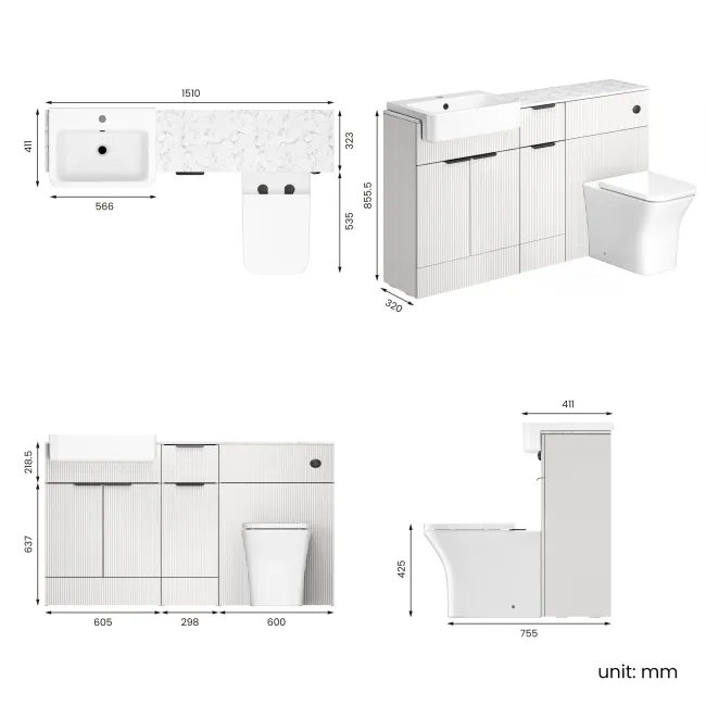 Sicily Fluted?Coastal White Vanity Basin with Marble Top & Houston Toilet 1500mm - Black Accents