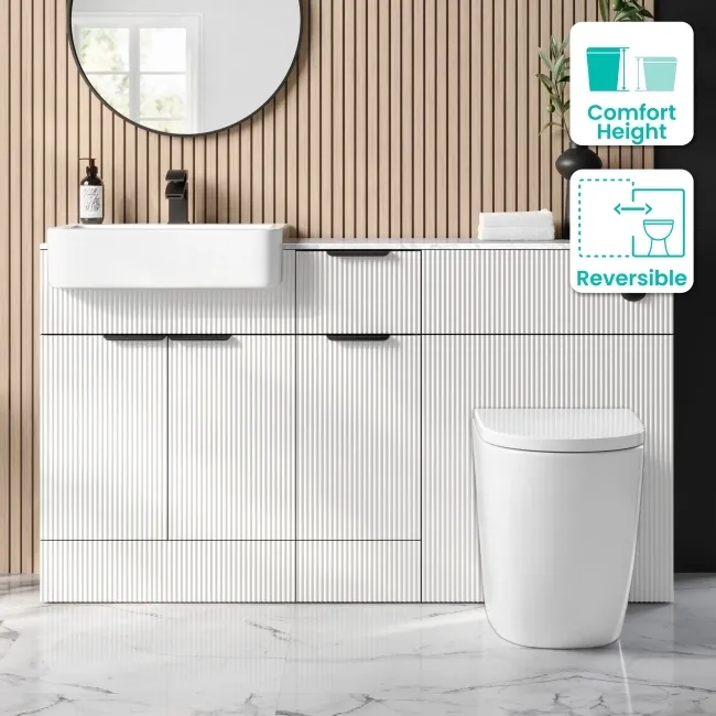 Sicily Fluted?Coastal White Vanity Basin Marble Top & Utah Comfort Toilet 1500mm - Black Accents