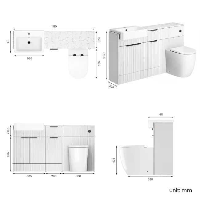 Sicily Fluted?Coastal White Vanity Basin Marble Top & Utah Comfort Toilet 1500mm - Black Accents