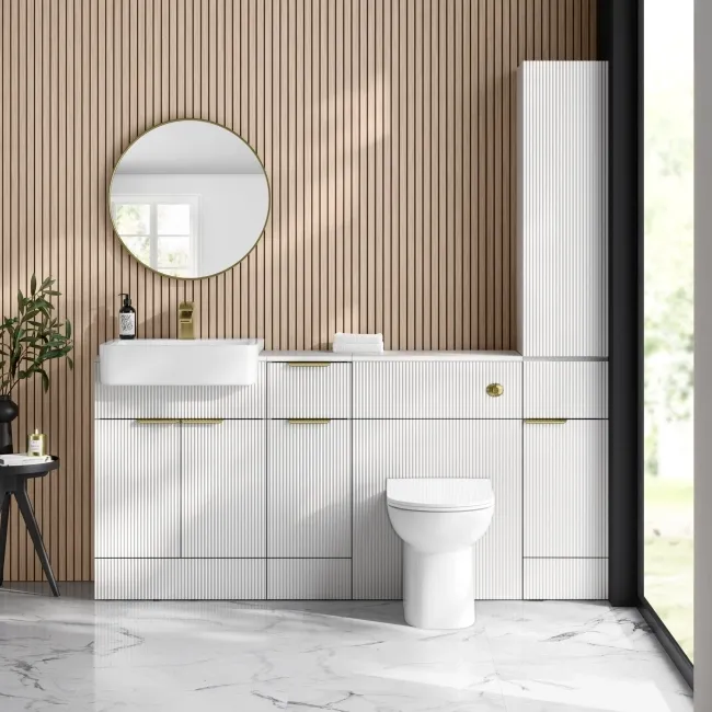 Sicily Fluted Coastal White Floor Standing Tall Cabinet Unit 1900x300mm - Brushed Brass Accents
