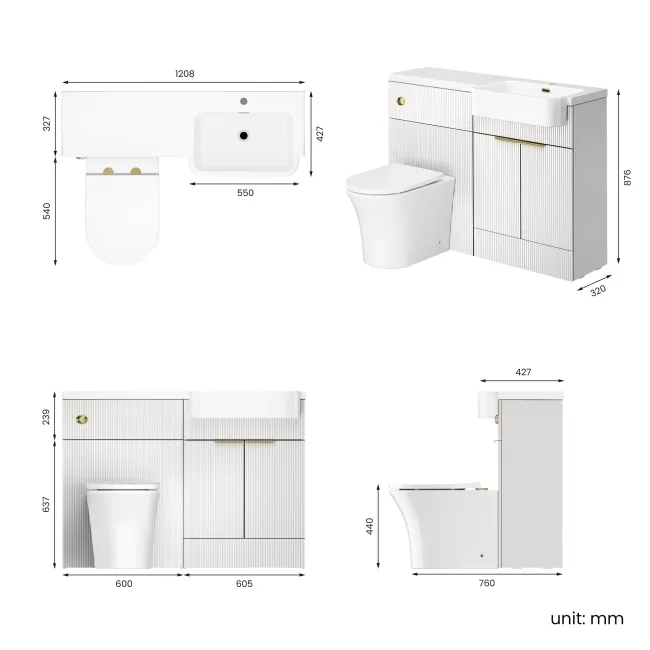 Sicily Fluted?Coastal White Vanity Basin and Tucson Toilet 1200mm - Brass Accents - Right Handed