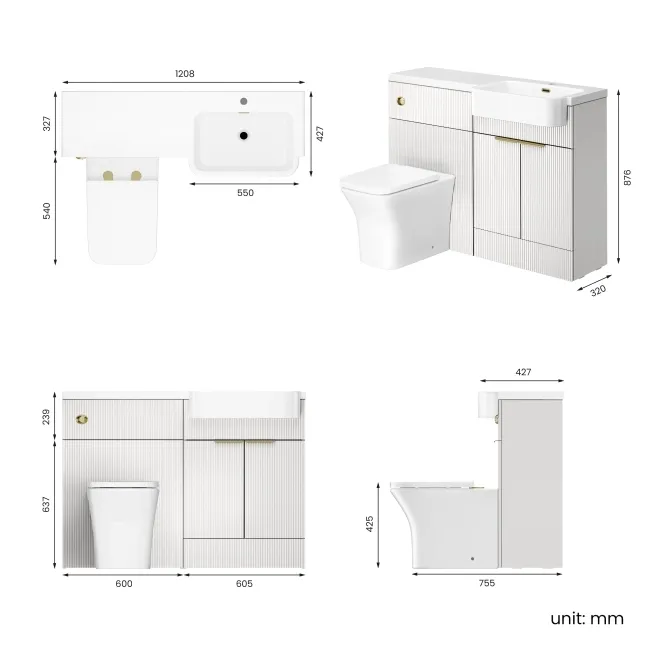 Sicily Fluted?Coastal White Vanity Basin and Houston Toilet 1200mm - Brass Accents - Right Handed