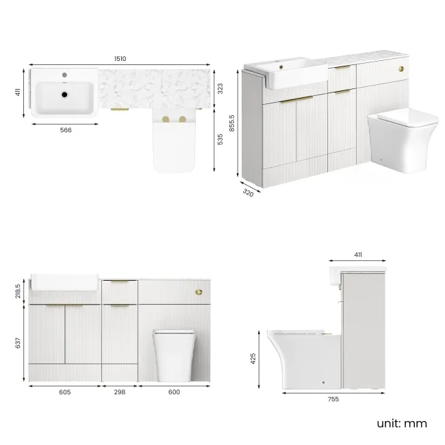 Sicily Fluted?Coastal White Vanity Basin with Marble Top & Houston Toilet 1500mm - Brass Accents