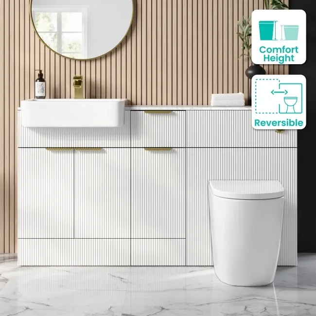 Sicily Fluted?Coastal White Vanity Basin Marble Top & Utah Comfort Toilet 1500mm - Brass Accents