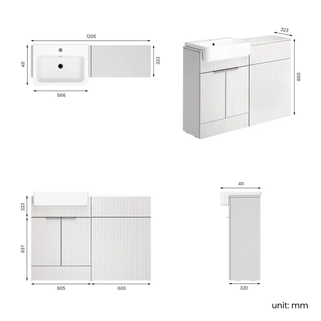 Sicily Fluted?Coastal White Basin Vanity and Toilet Unit 1200mm (No Toilet) - Chrome Handles