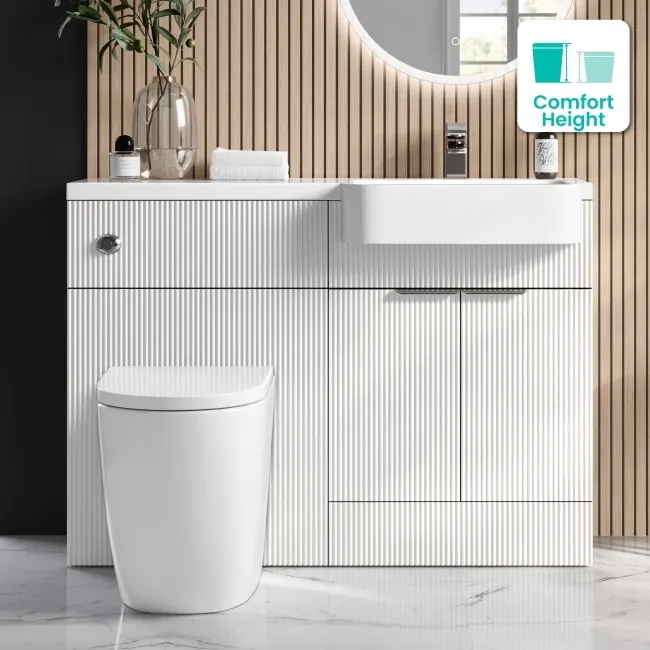 Sicily Fluted?Coastal White Vanity Basin and Utah Comfort Toilet 1200mm - Chrome Handles - Right