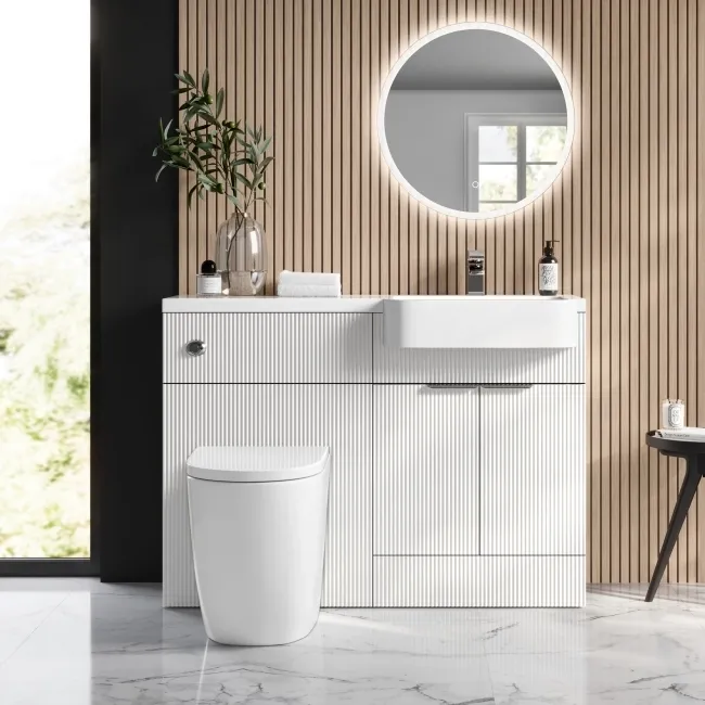 Sicily Fluted?Coastal White Vanity Basin and Utah Comfort Toilet 1200mm - Chrome Handles - Right
