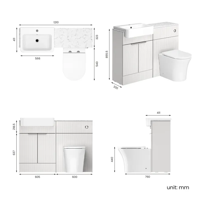 Sicily Fluted?Coastal White Vanity Basin with Marble Top & Tucson Toilet 1200mm - Chrome Handles