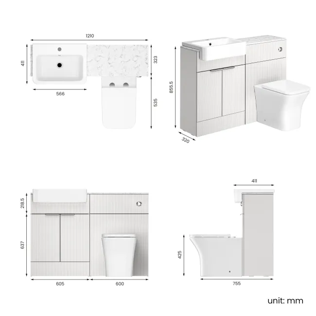 Sicily Fluted?Coastal White Vanity Basin with Marble Top & Houston Toilet 1200mm - Chrome Handles