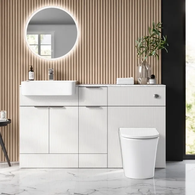 Sicily Fluted?Coastal White Vanity Basin with Marble Top & Tucson Toilet 1500mm - Chrome Handles
