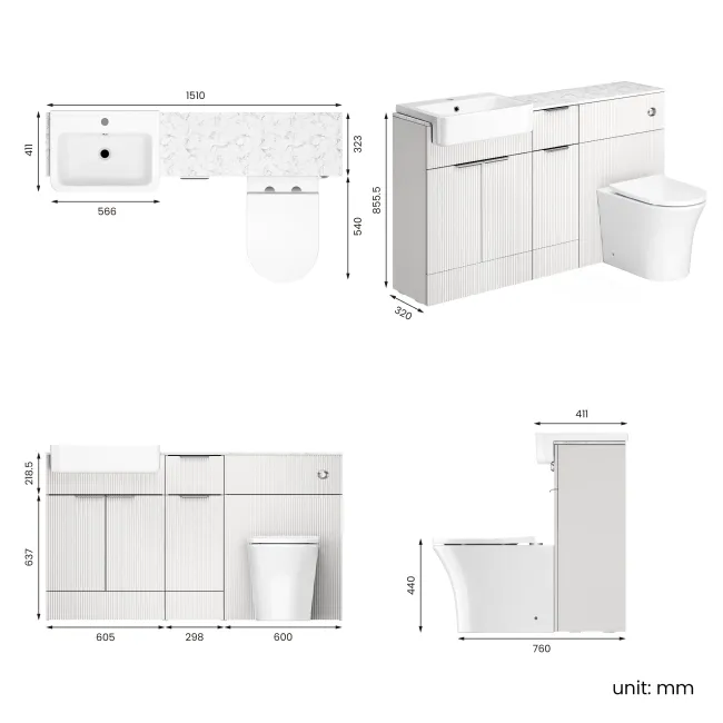 Sicily Fluted?Coastal White Vanity Basin with Marble Top & Tucson Toilet 1500mm - Chrome Handles