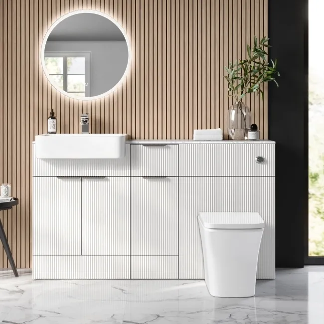 Sicily Fluted?Coastal White Vanity Basin with Marble Top & Houston Toilet 1500mm - Chrome Handles