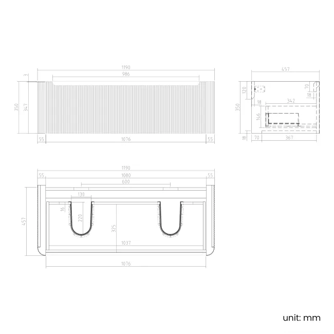 Sorrento Fluted Black Walnut Wall Hung Double Basin Drawer Vanity 1200mm
