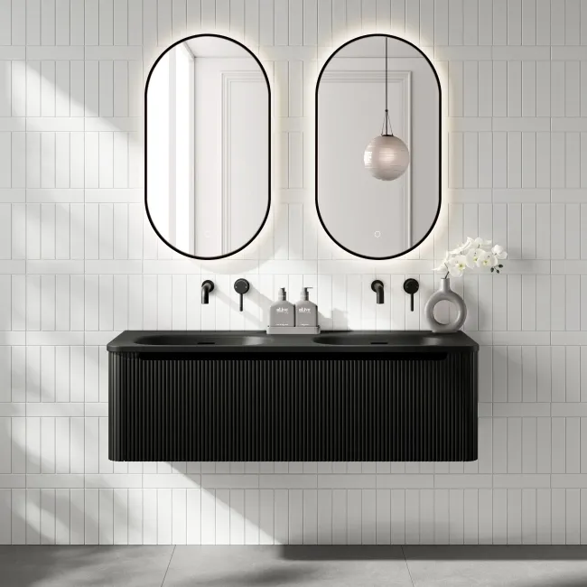 Sorrento Fluted Matt Black Wall Hung Drawer Vanity with Black Double Basin 1200mm