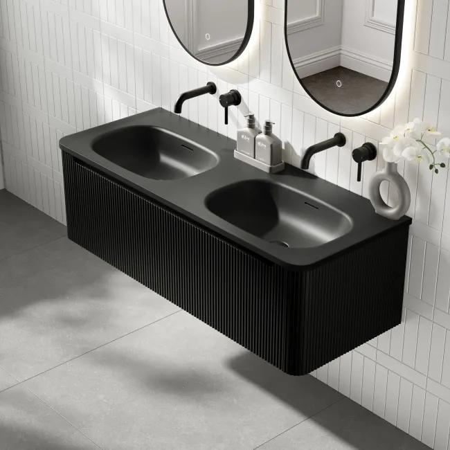 Sorrento Fluted Matt Black Wall Hung Drawer Vanity with Black Double Basin 1200mm