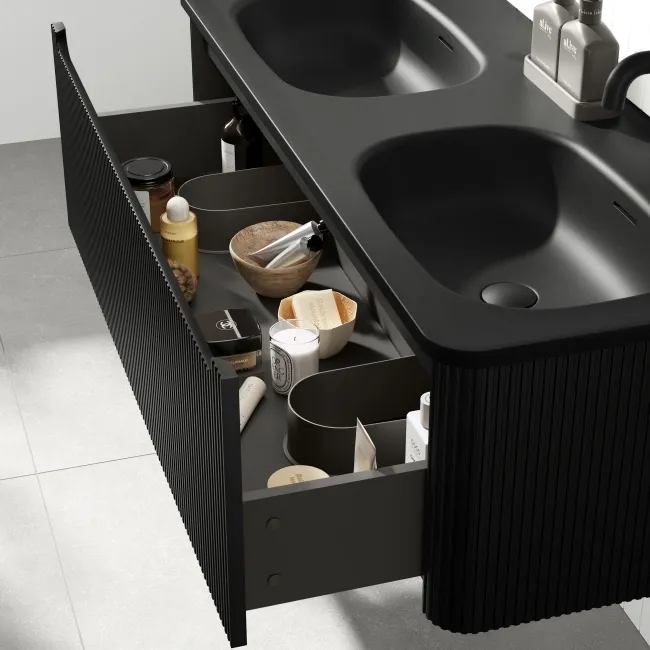 Sorrento Fluted Matt Black Wall Hung Drawer Vanity with Black Double Basin 1200mm