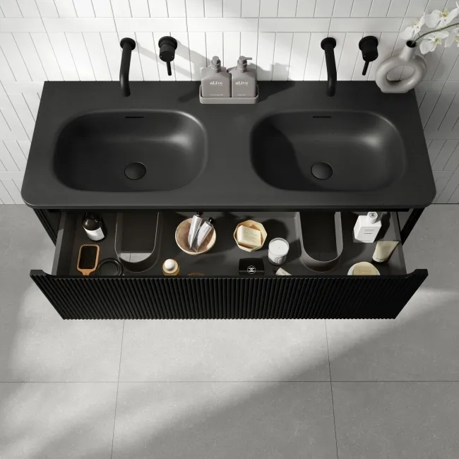 Sorrento Fluted Matt Black Wall Hung Drawer Vanity with Black Double Basin 1200mm