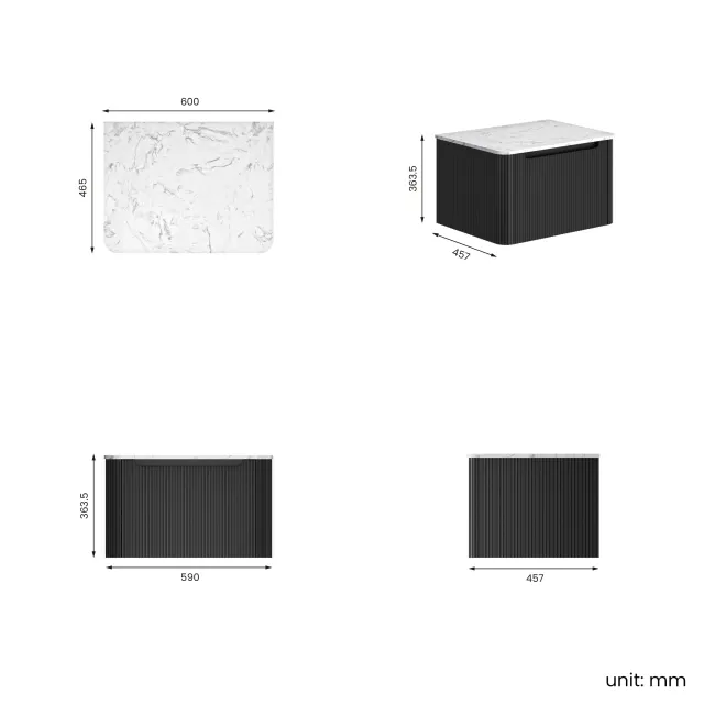 Sorrento Fluted Matt Black Wall Hung Drawer Vanity with Marble Top 600mm - Excludes Counter Top Basin