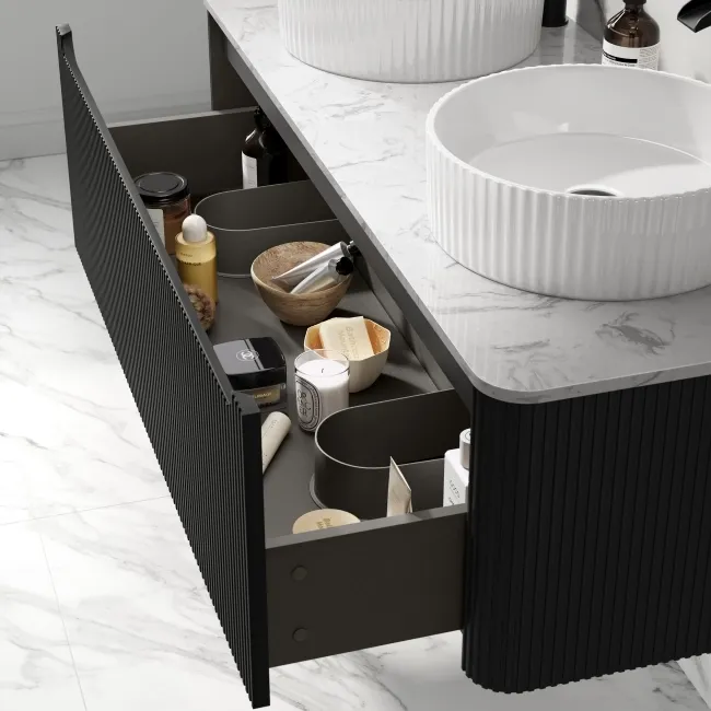 Sorrento Fluted Matt Black Double Wall Hung Drawer Vanity with Marble Top & Nevis Basin 1200mm