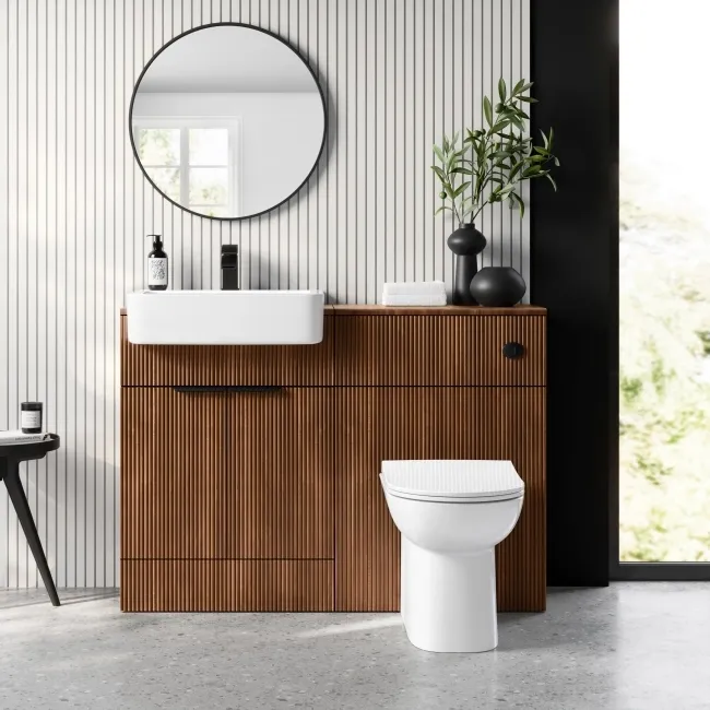 Sicily Fluted Black Walnut Vanity with Semi Recessed Basin 600mm - Black Accents
