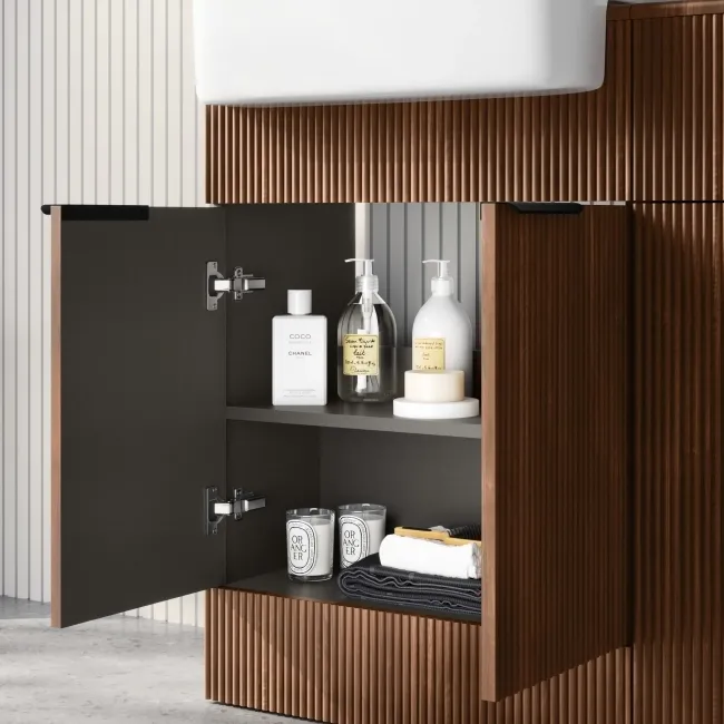 Sicily Fluted Black Walnut Vanity with Semi Recessed Basin 600mm - Black Accents