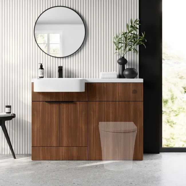 Sicily Fluted Black Walnut Basin Vanity and Back To Wall Toilet Unit 1200mm (Excludes Toilet) - Black Accents - Left Handed