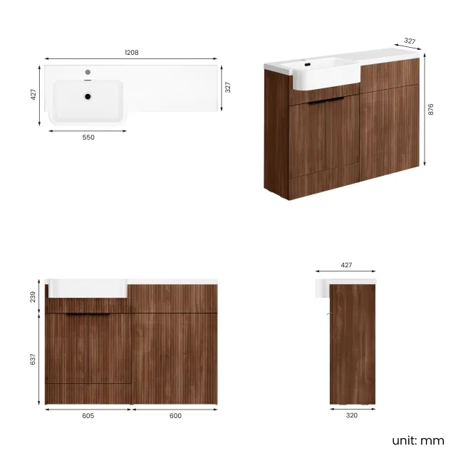 Sicily Fluted Black Walnut Basin Vanity and Back To Wall Toilet Unit 1200mm (Excludes Toilet) - Black Accents - Left Handed