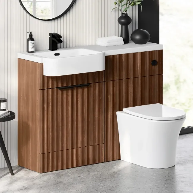 Sicily Fluted Black Walnut Combination Vanity Basin and Tucson Toilet 1200mm - Black Accents - Left Handed
